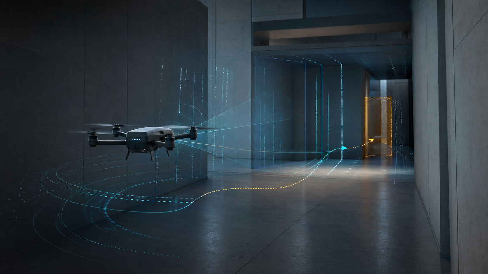 Editorial illustration of an autonomous drone navigating an ambiguous indoor environment under independent assurance controls