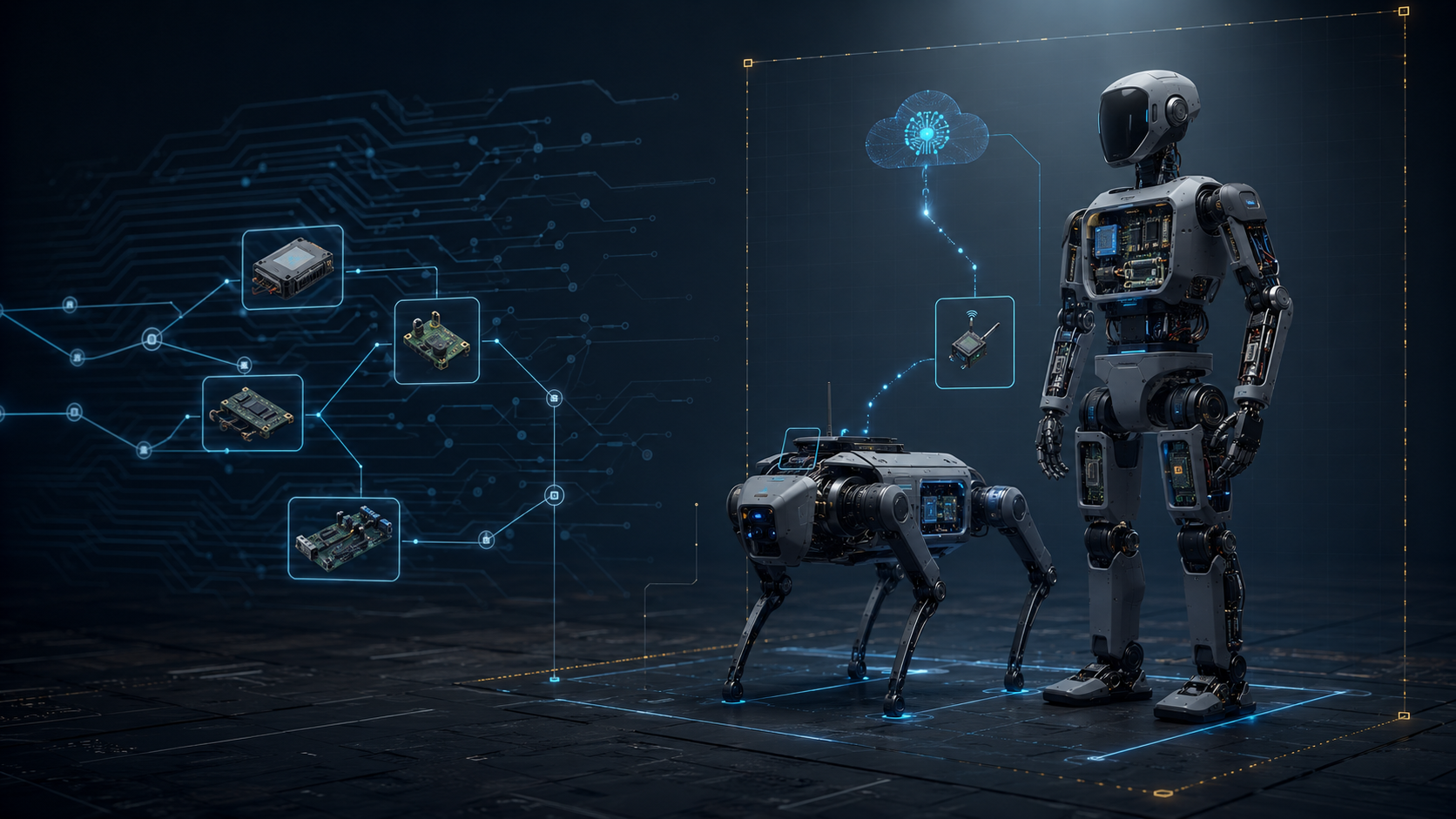 Editorial illustration of network-connected humanoid and quadruped robots examined through hardware and supply-chain assurance controls
