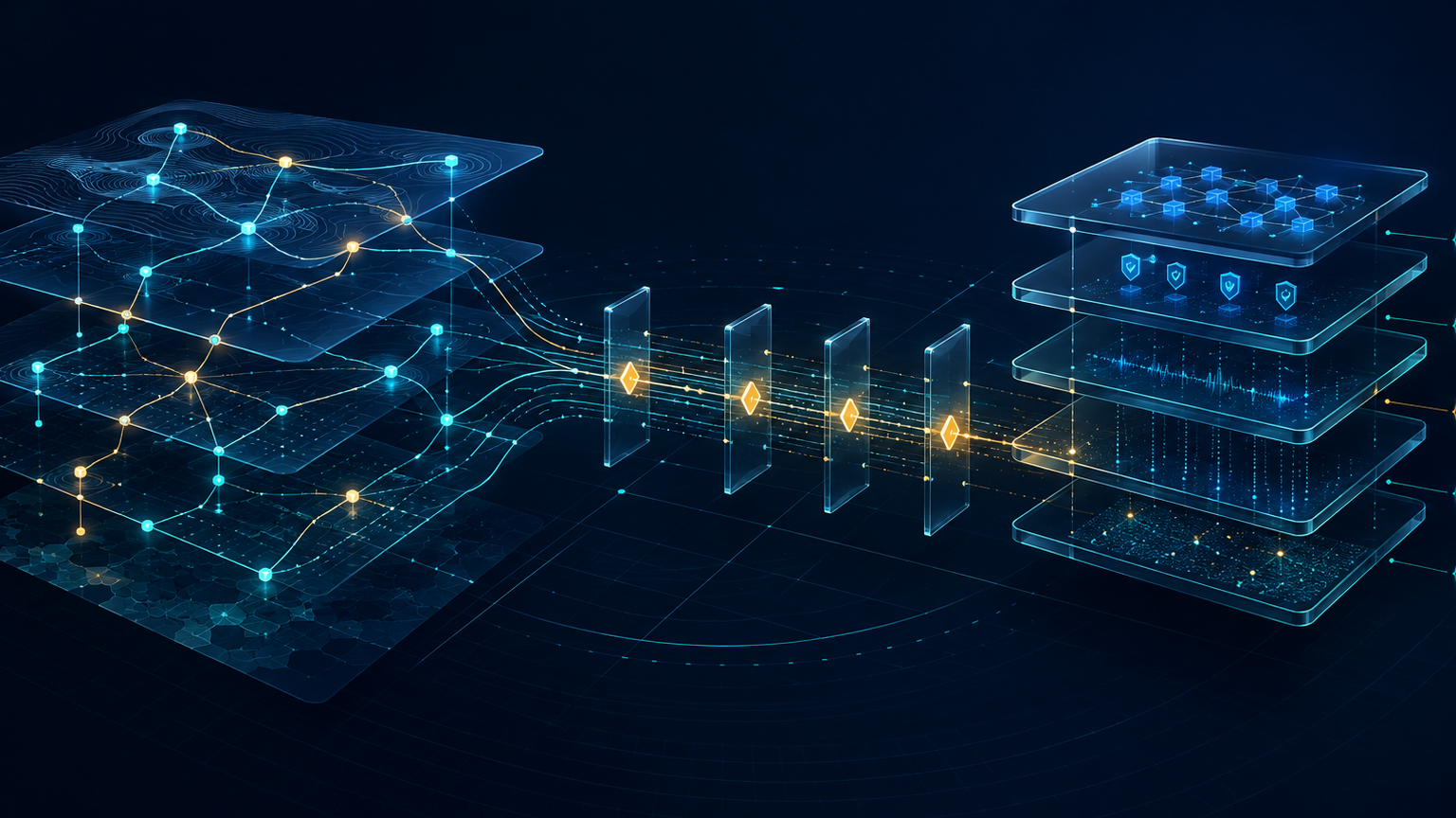 Abstract editorial illustration showing AI risk mapping connected to layered operational assurance and evidence controls