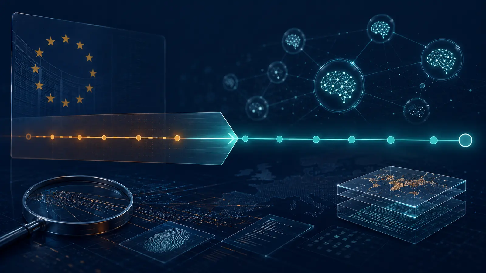Abstract EU AI Act regulatory timeline and AI incident-response network