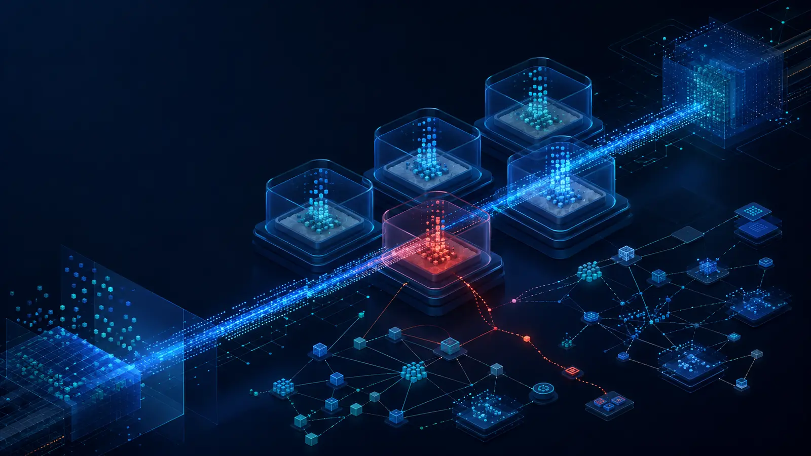 Abstract visualization of AI data pipelines, sandboxes and incident tracing
