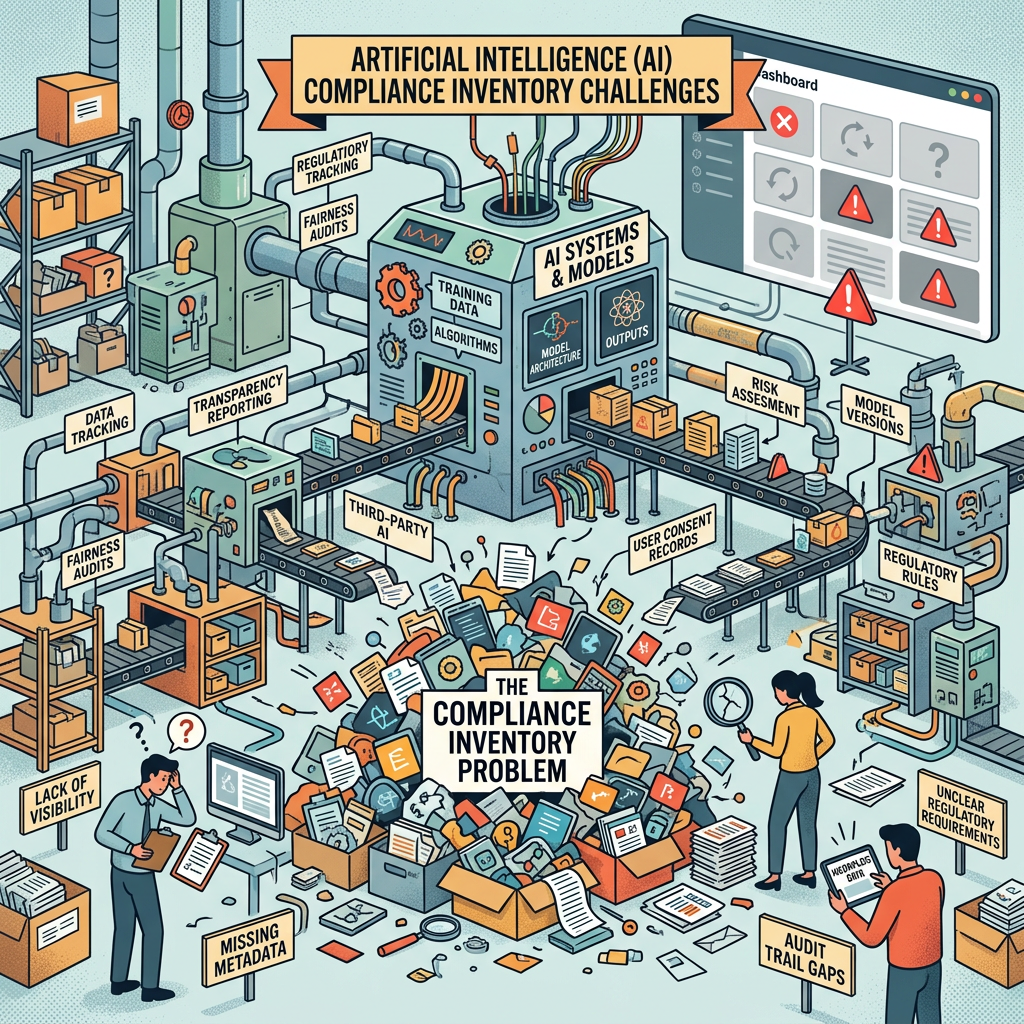 Illustration showing AI compliance inventory challenges with machines processing data and compliance issues