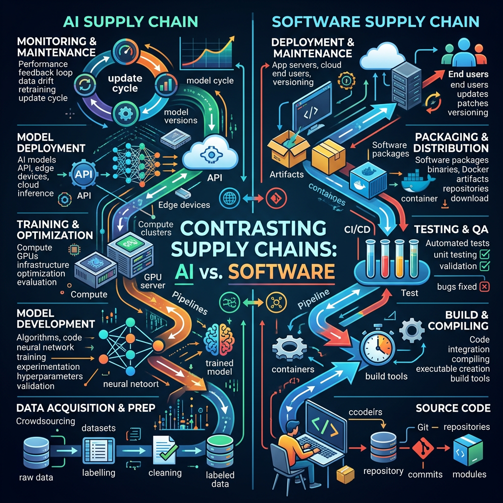 Diagram contrasting AI supply chain with software supply chain processes