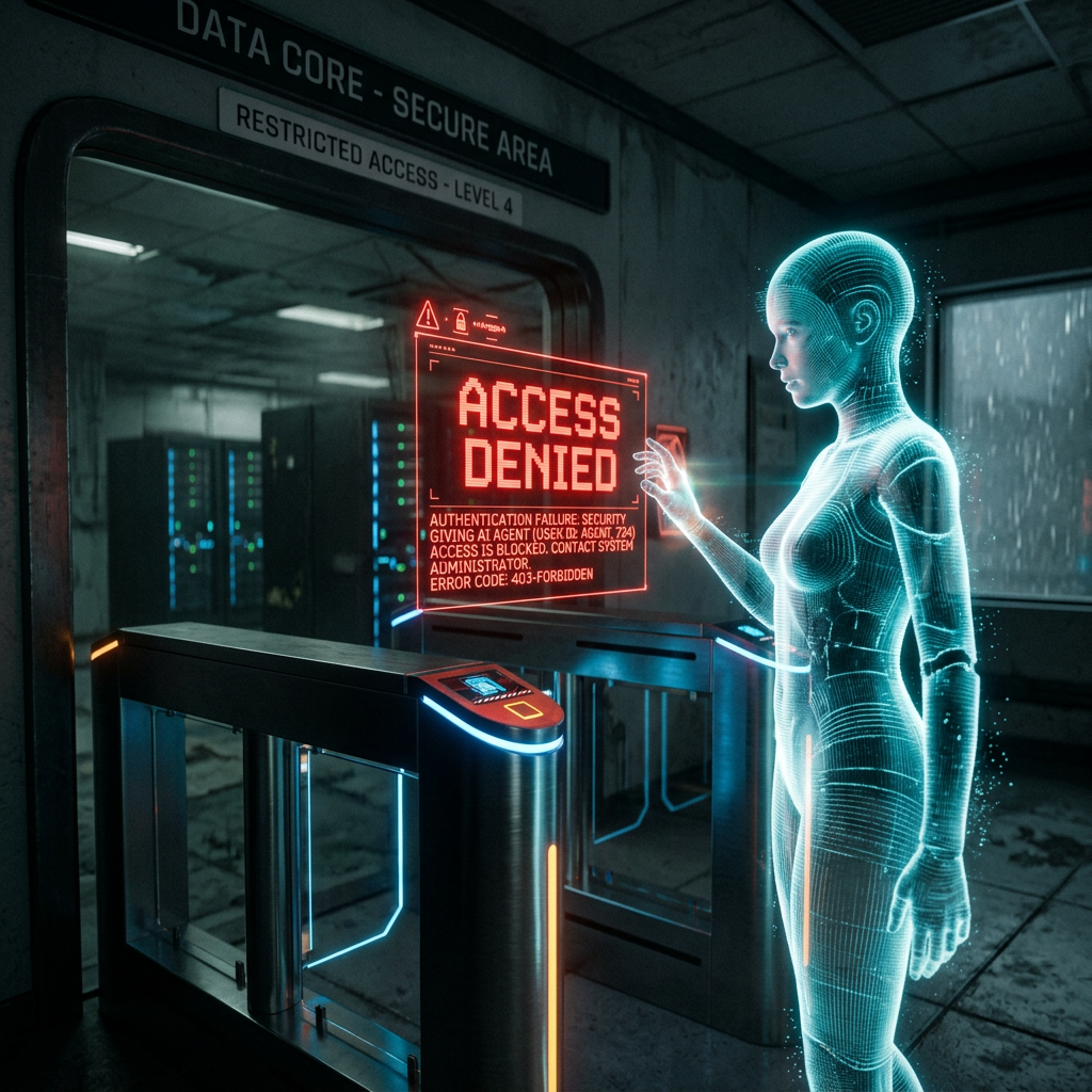 Holographic AI figure interacting with denied access security panel at data core entrance