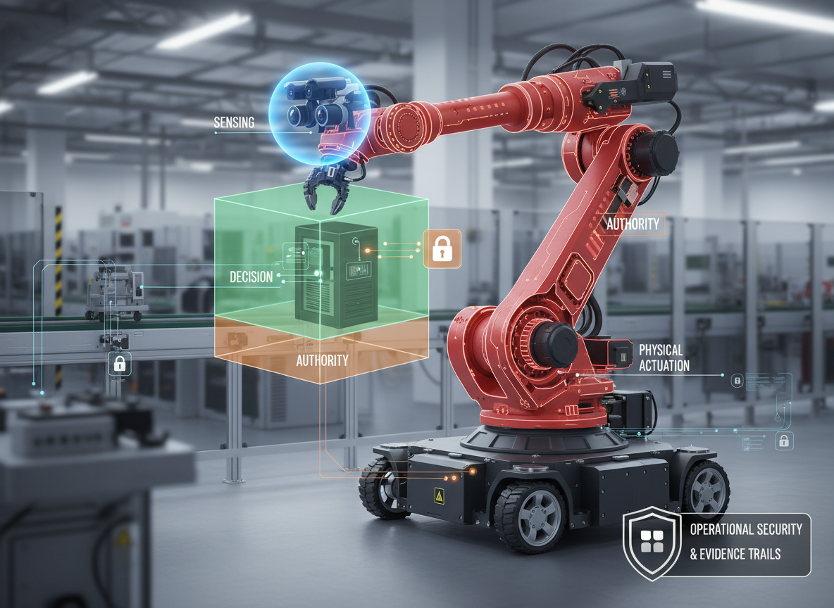 Physical AI system showing perception, decision and actuation paths with security controls
