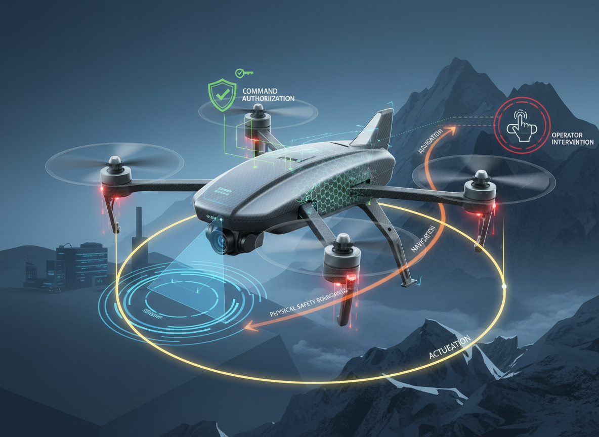 Autonomous drone with layered sensing, authority and actuation security controls