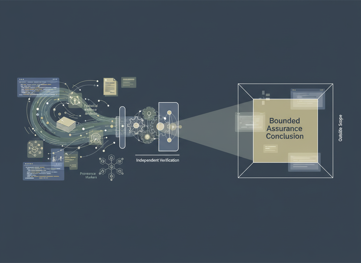 Technical evidence artifacts flowing through provenance and verification into a bounded assurance conclusion